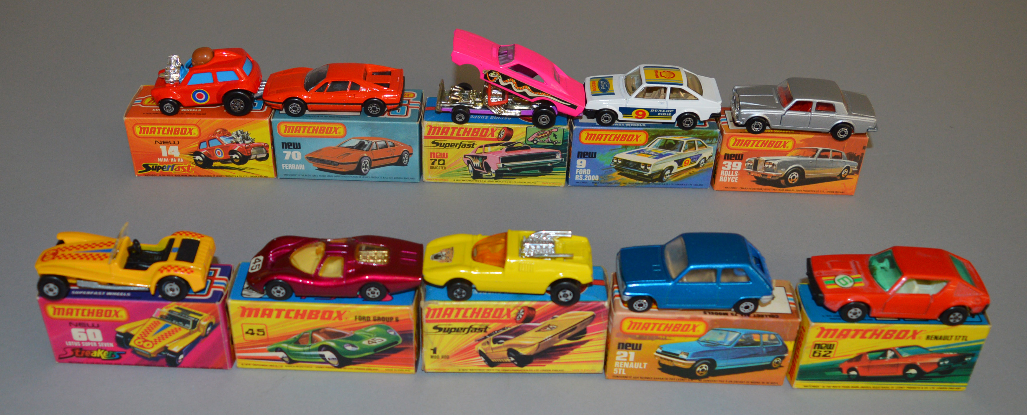 10 Matchbox Superfast diecast models including 1 Mod Rod, 9, 14 Mini Ha-Ha, 21, 39 Rolls Royce, 45