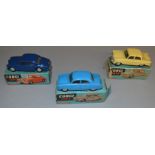 3 boxed Corgi Toys diecast model cars, all mechanical versions, including 205M Riley Pathfinder in