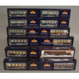 OO Gauge. 12 boxed Bachmann Coaches, various liveries but includes six BR Mk 1 Express in blue and