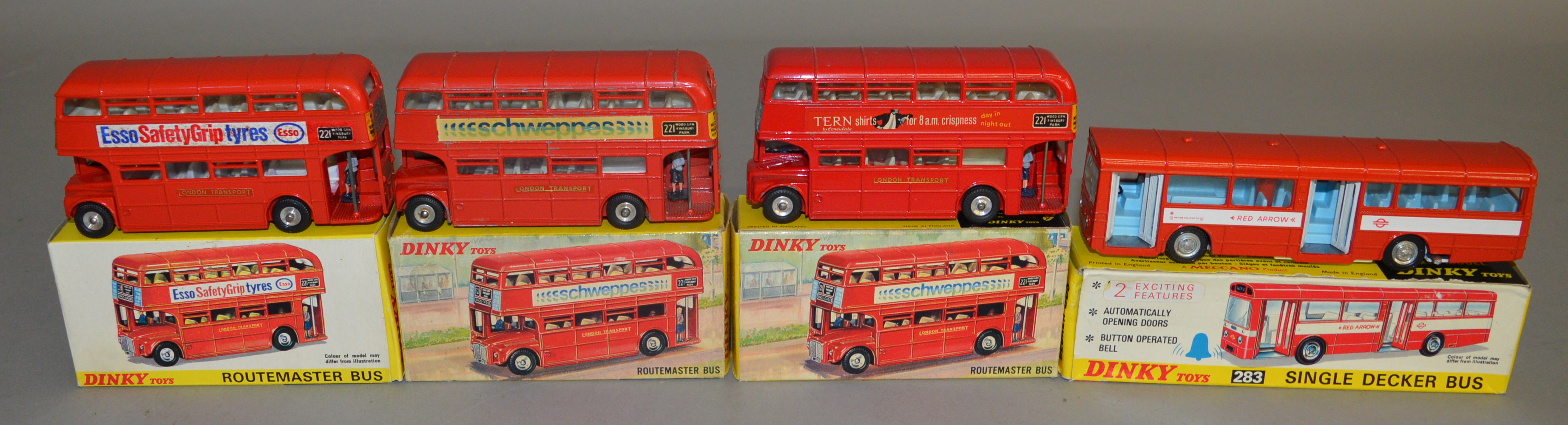 4 boxed Dinky Toys including three variants of the 289 Routemaster Bus - 'Tern Shirts', 'Esso Safety