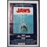 Jaws (1975) US one sheet film poster featuring fantastic shark and swimmer artwork by artist Roger