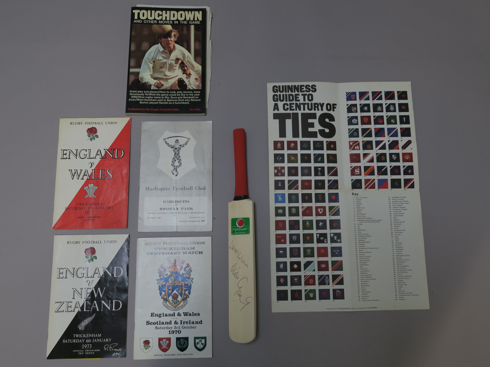 Cricket and Rugby lot including Mike Gatting small N Power signed cricket bat and rugby programmes