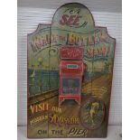 "What the Butler Saw" wooden advertising board to publicise amusements on the pier. Hand painted and