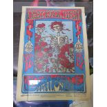 Selection of posters including Grateful Dead Skull and Roses poster measuring 20 x 14 inches in