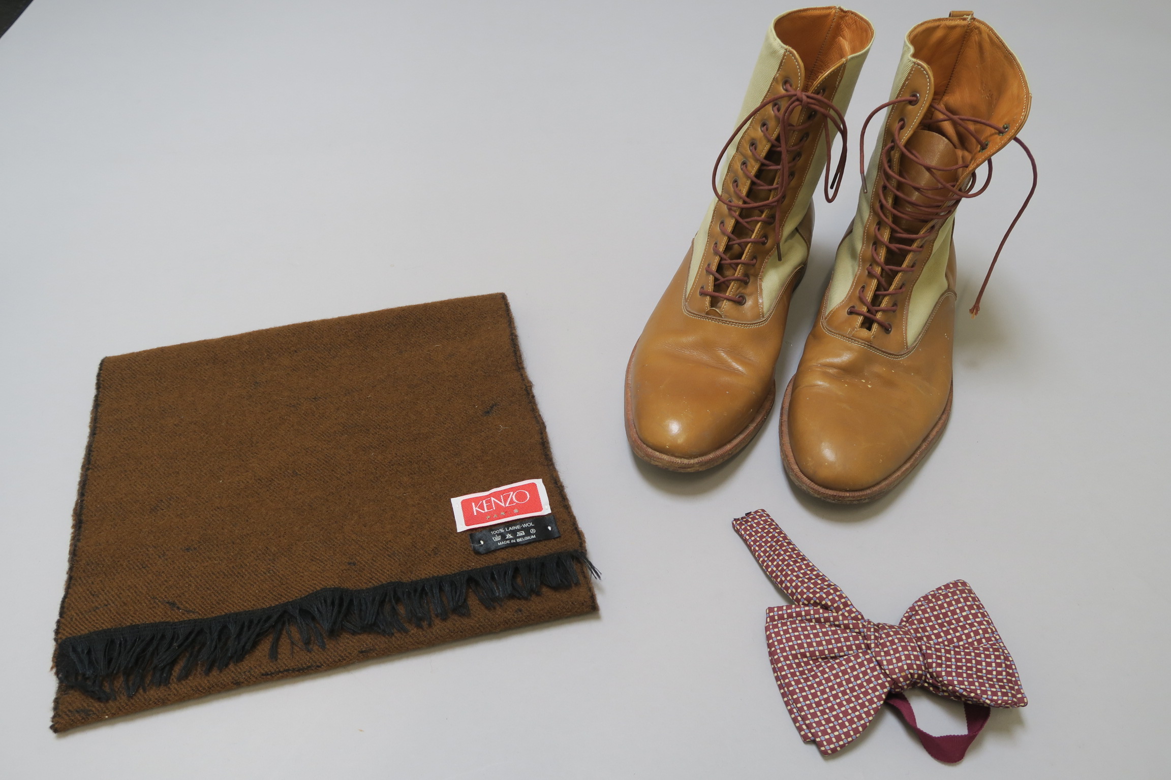 The Rolling Stones Charlie Watts Pale Tan Leather Lace-up boots, Bow Tie, Scarf,  circa 1960/70's