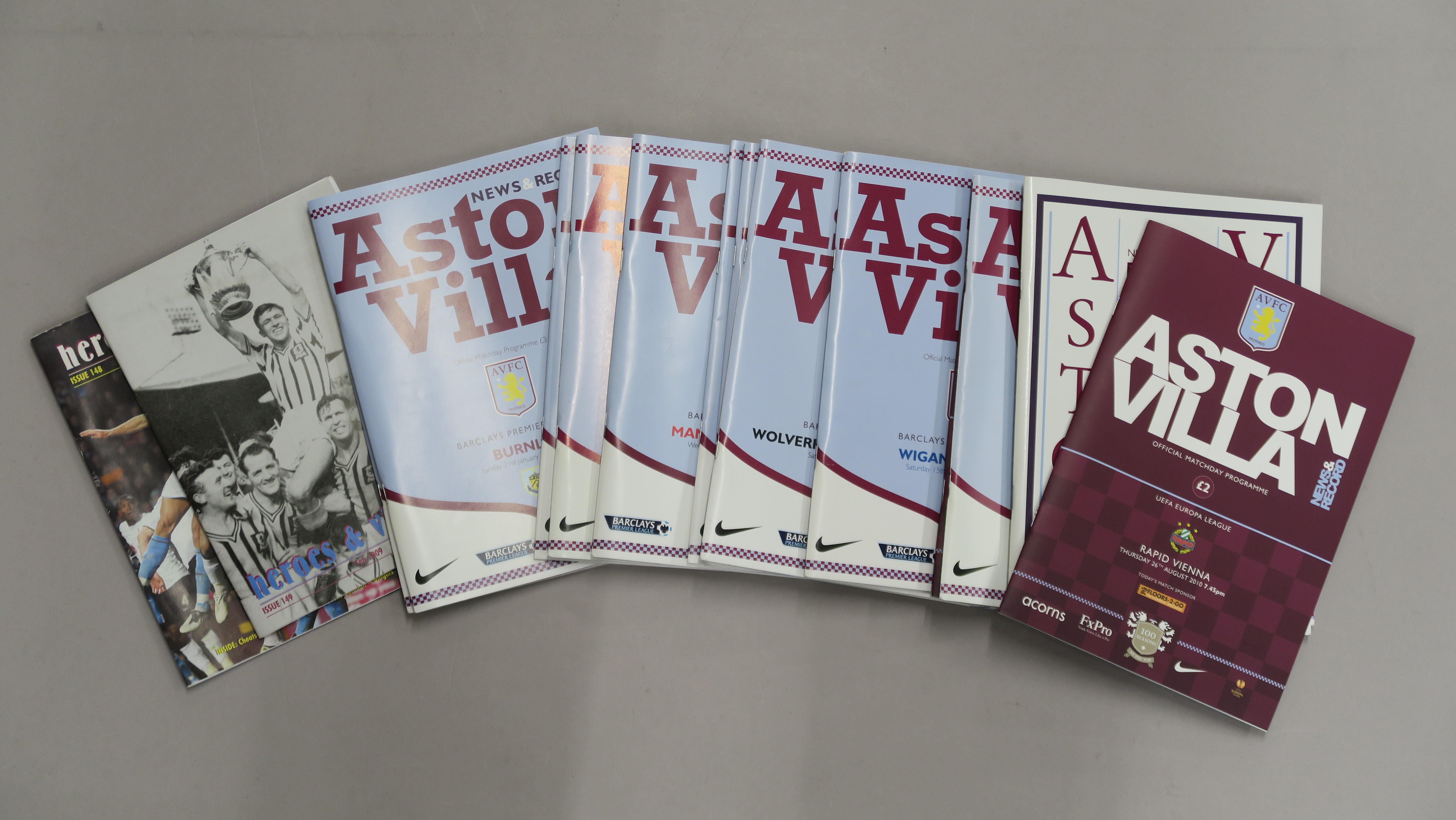 Aston Villa football club matchday programmes including Heroes and Villains fan programmes, from