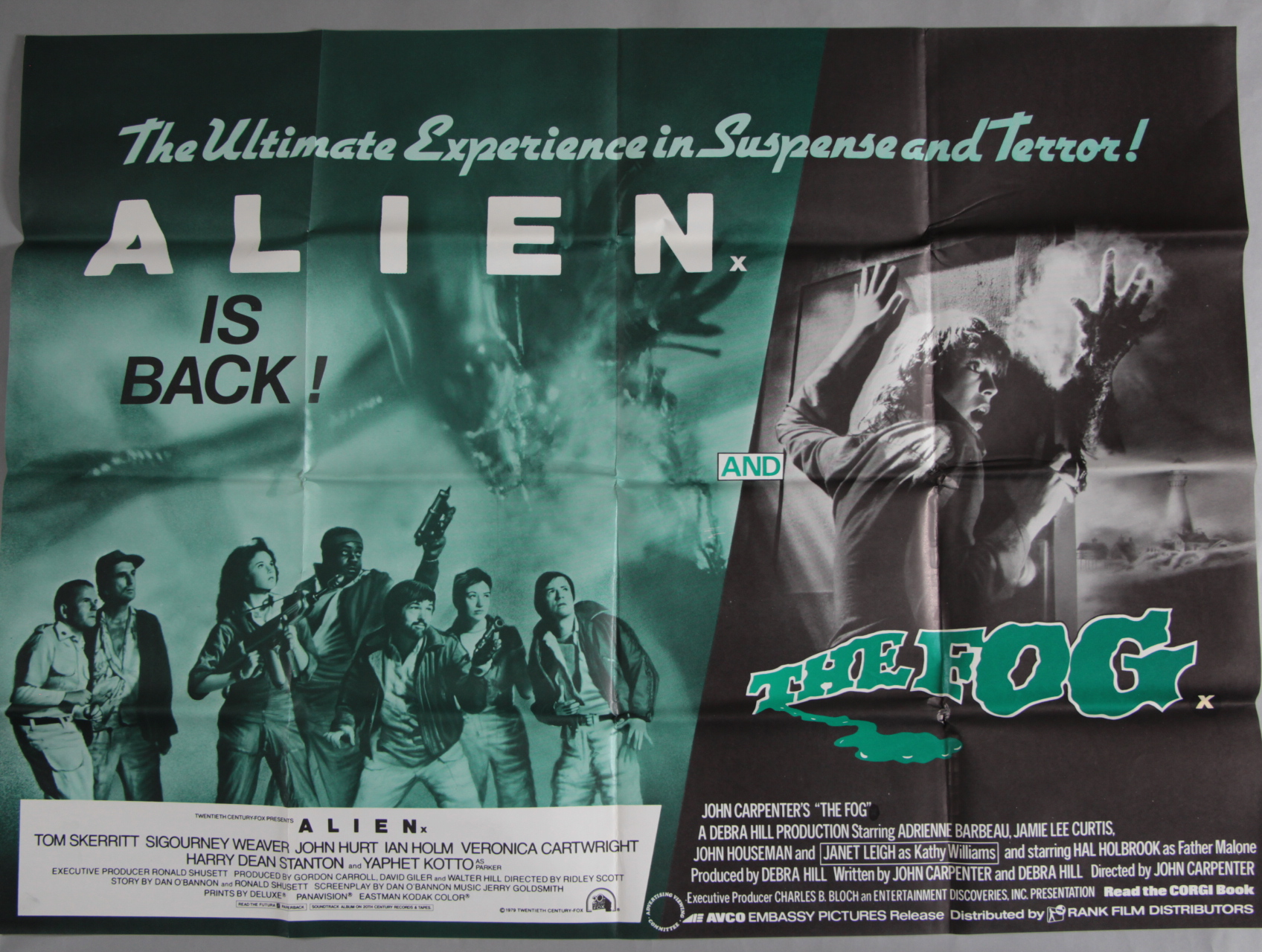 Various British Quad film posters to include Alien is back with The Fog double-bill (X cert felted