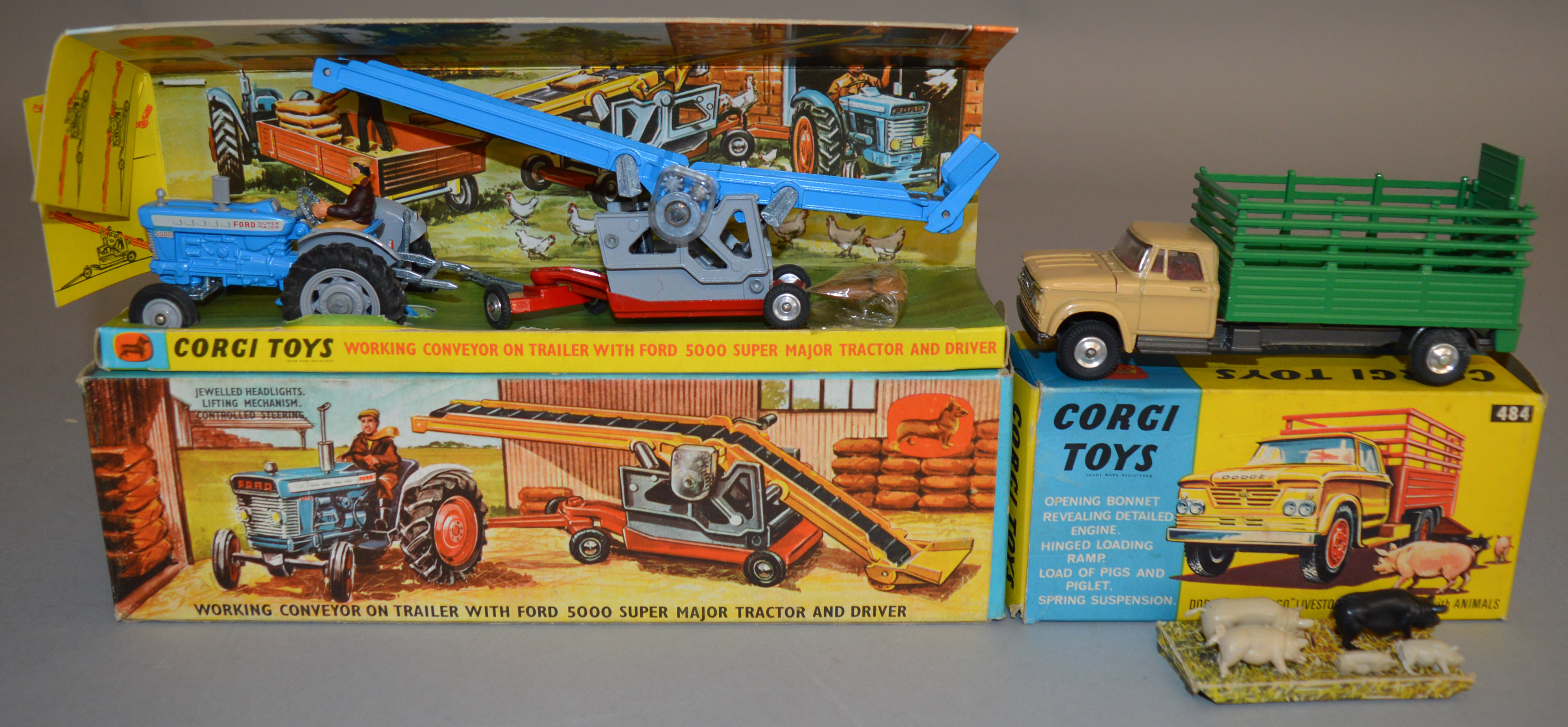 2 boxed Corgi Toys agricultural models, 484 Dodge Kew Fargo Livestock Transporter, G+/VG with five
