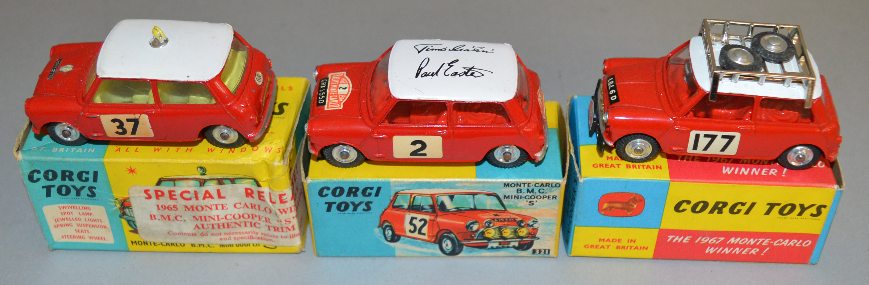 3 Corgi Toys BMC Mini Cooper 'S' diecast Rally Car models including 321 1965 Monte Carlo Rally RN '