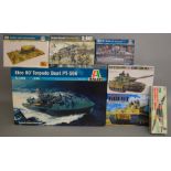 7 boxed Model Kits by Italeri, Academy, Tamiya and Guillow's, various subjects including Elco 50'