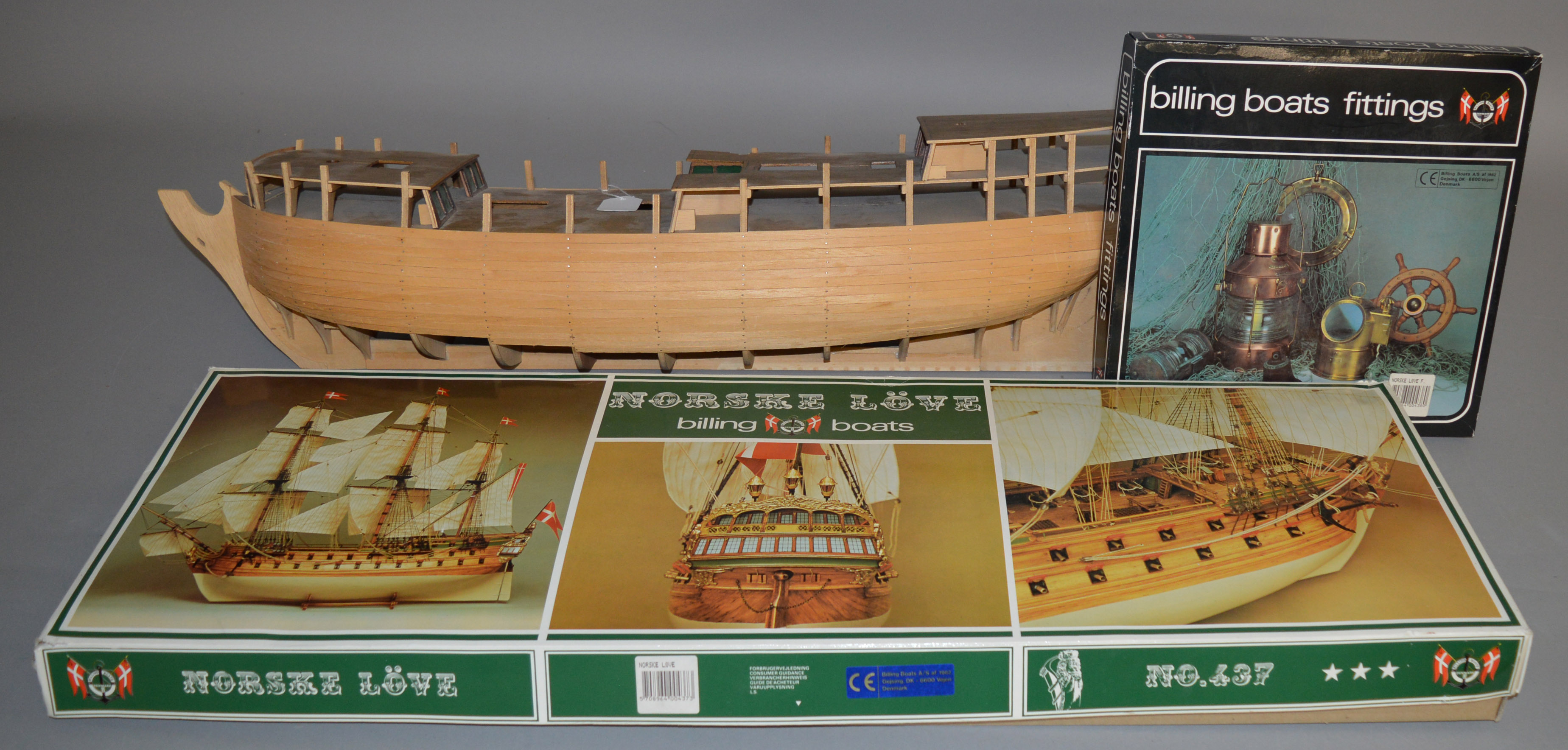 A partially built wooden model of a Billings Boat 'Norske Love' together with a boxed Billings Boats