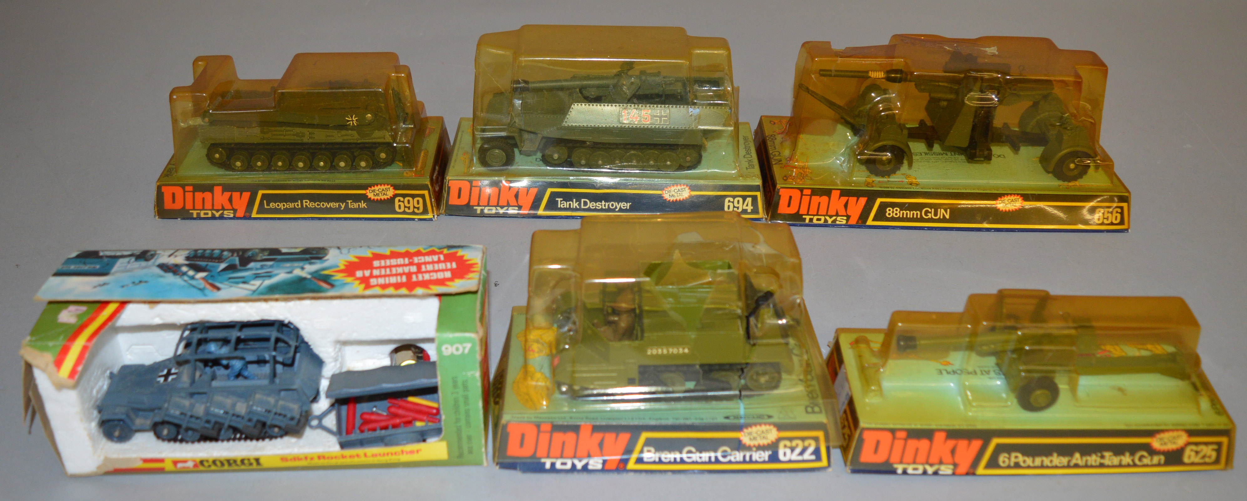 6 boxed Military Vehicle models  including 5 by Dinky - 622 Bren Gun Carrier, 625 Anti Tank Gun, 656