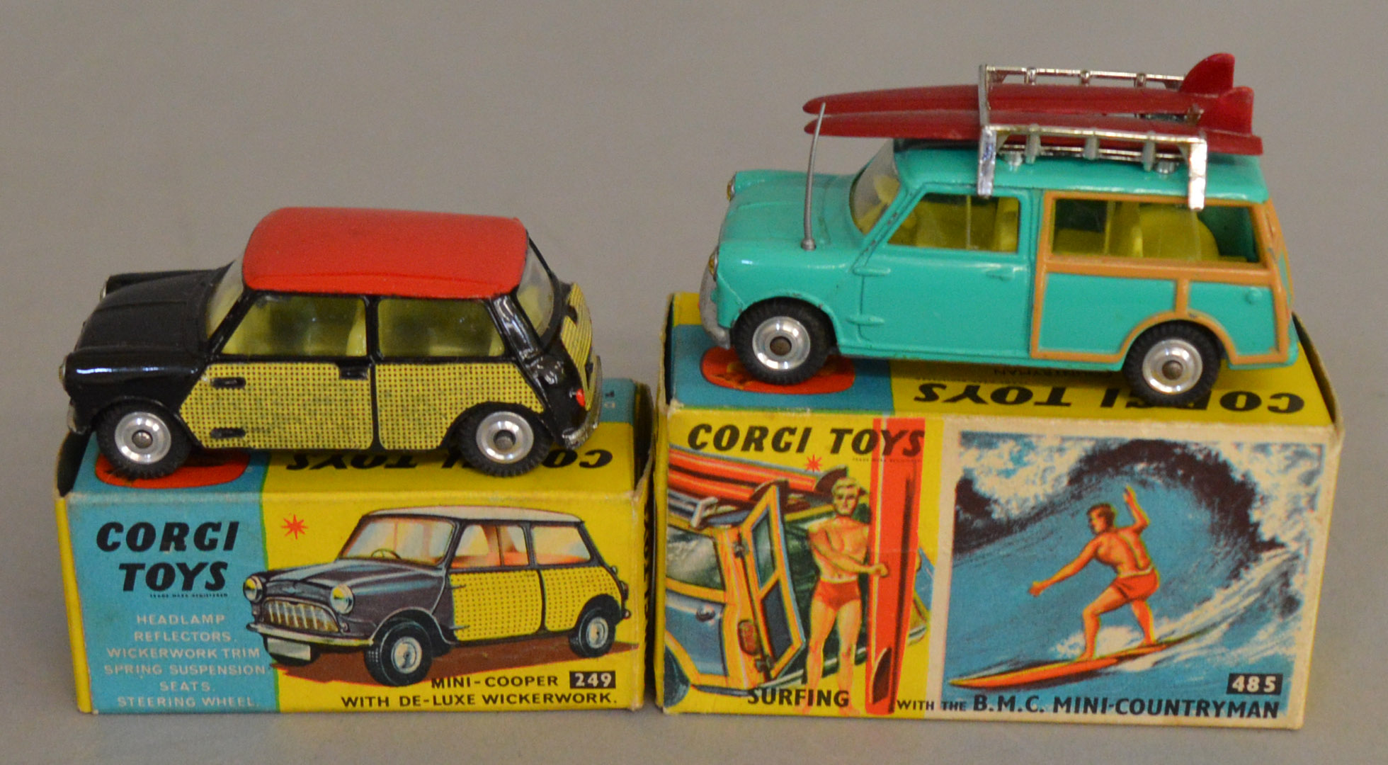 2 Corgi Toys, 249 Mini-Cooper with De-Luxe Wickerwork and  485 Surfing with the BMC Mini Countryman,