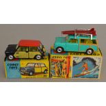 2 Corgi Toys, 249 Mini-Cooper with De-Luxe Wickerwork and  485 Surfing with the BMC Mini Countryman,