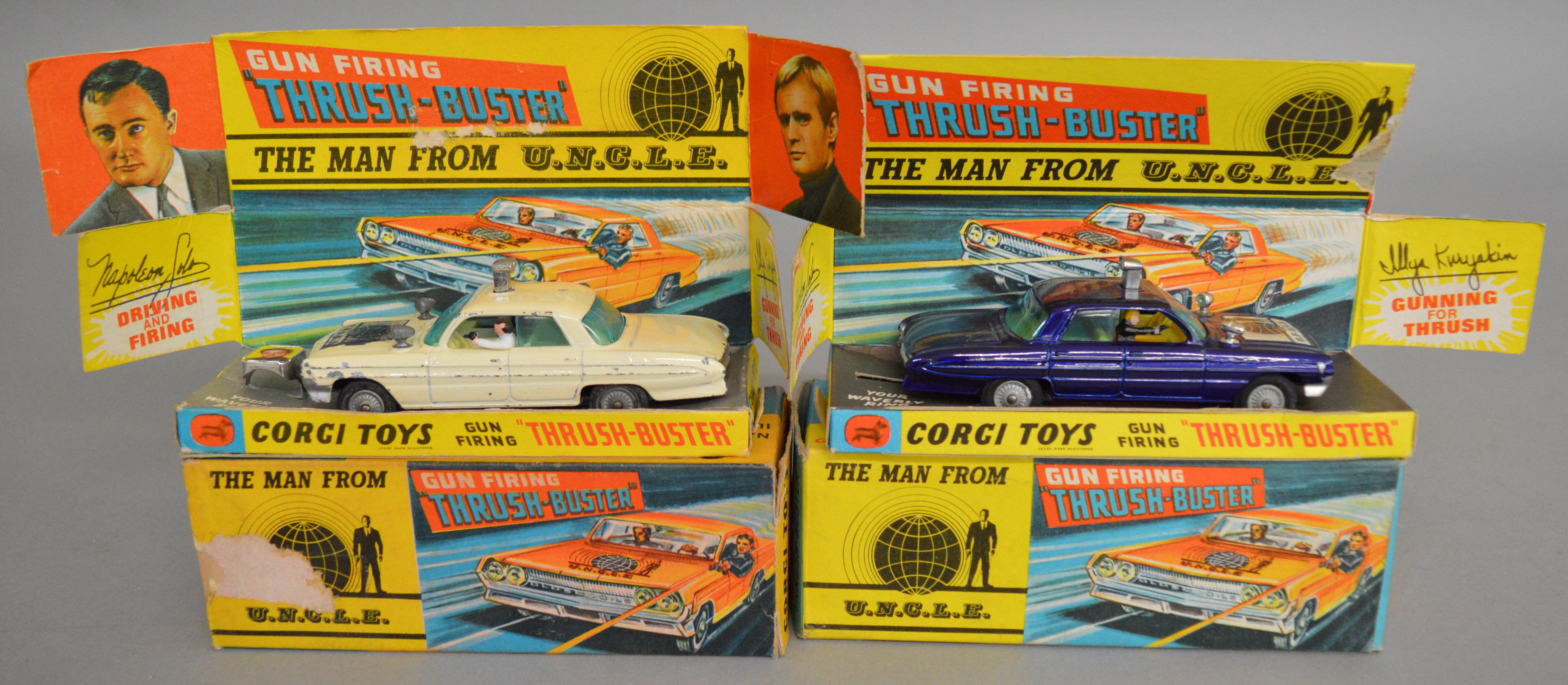 2 boxed Corgi Toys, different versions of the 497 Man from Uncle Oldsmobile 'Thrushbuster', in