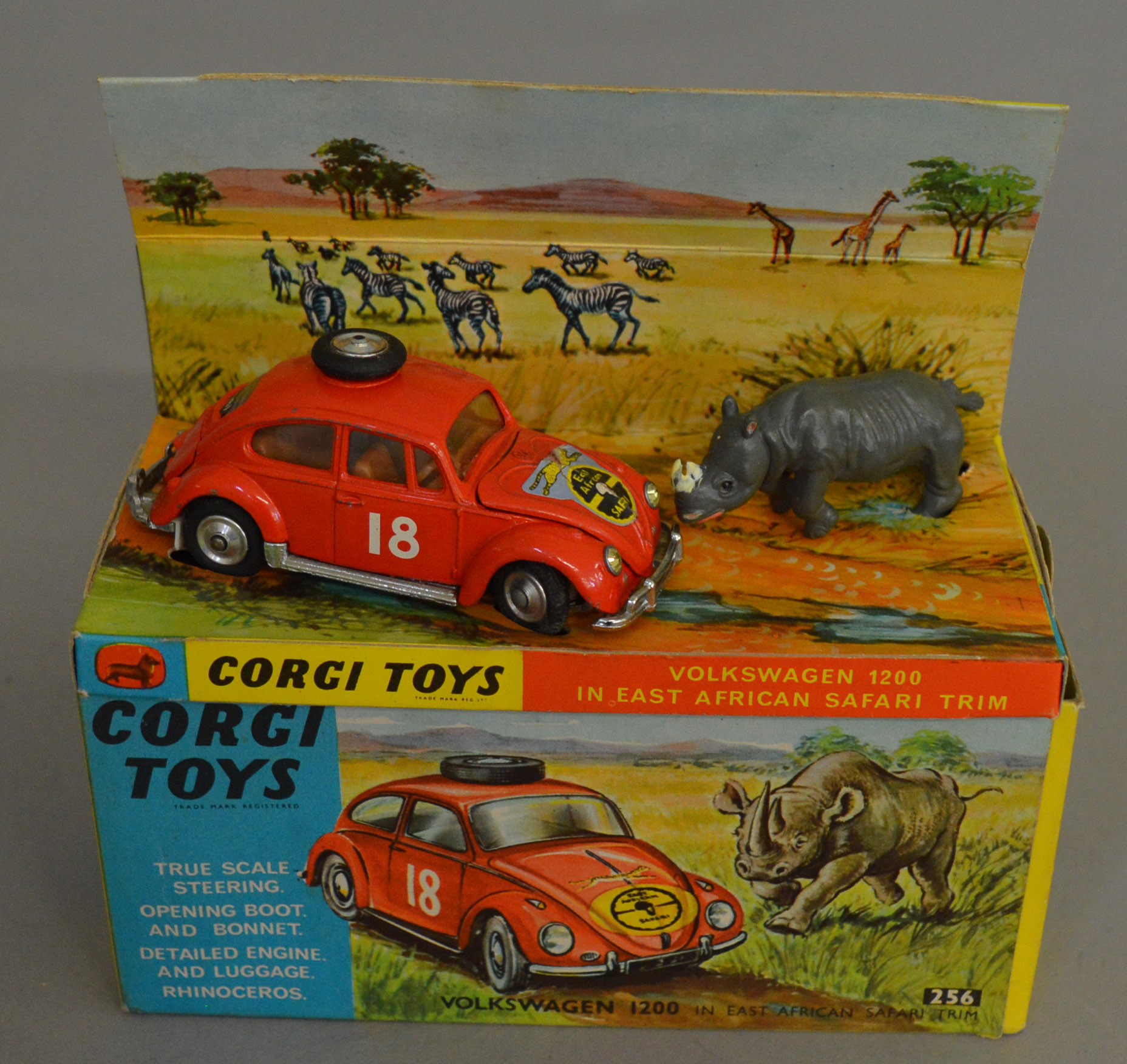 A Corgi Toys 256 Volkswagen 1200 in East African Safari trim, appears G+ in G+/VG box.