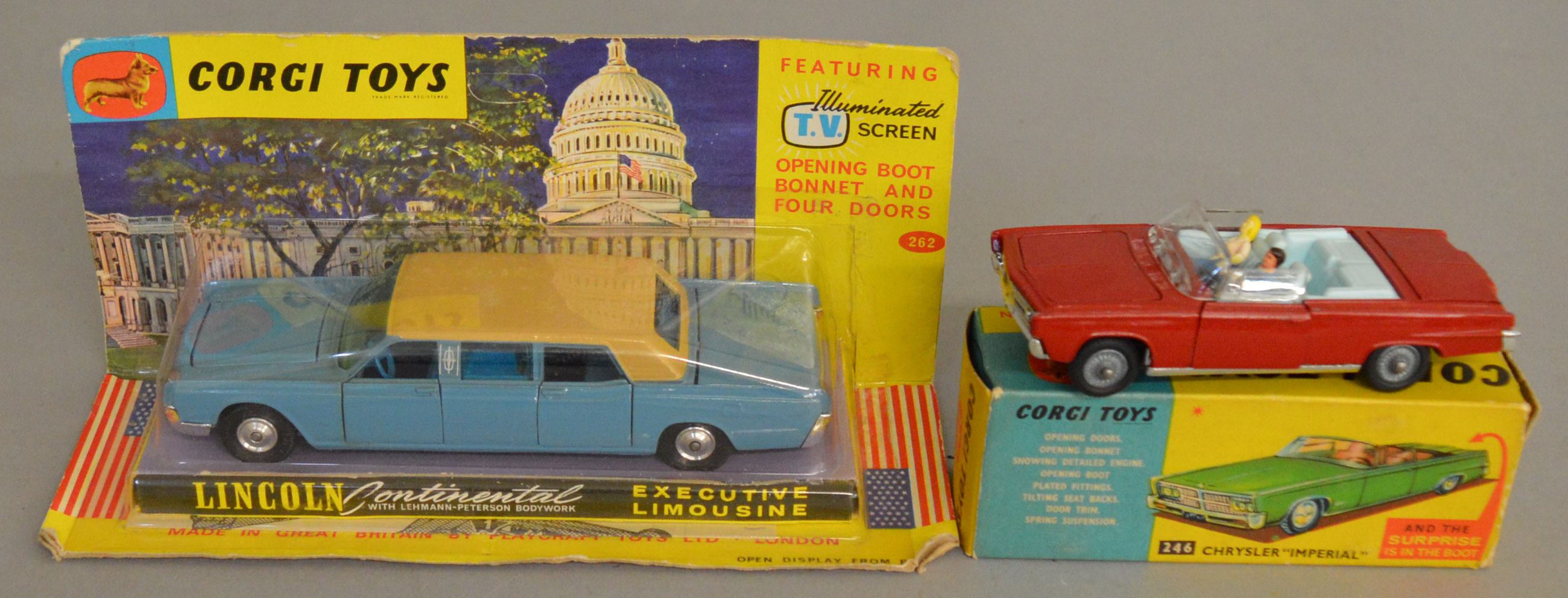 2 Corgi Toys, 246 Chrysler Imperial and a hard to find colour version of the 262 Lincoln Continental