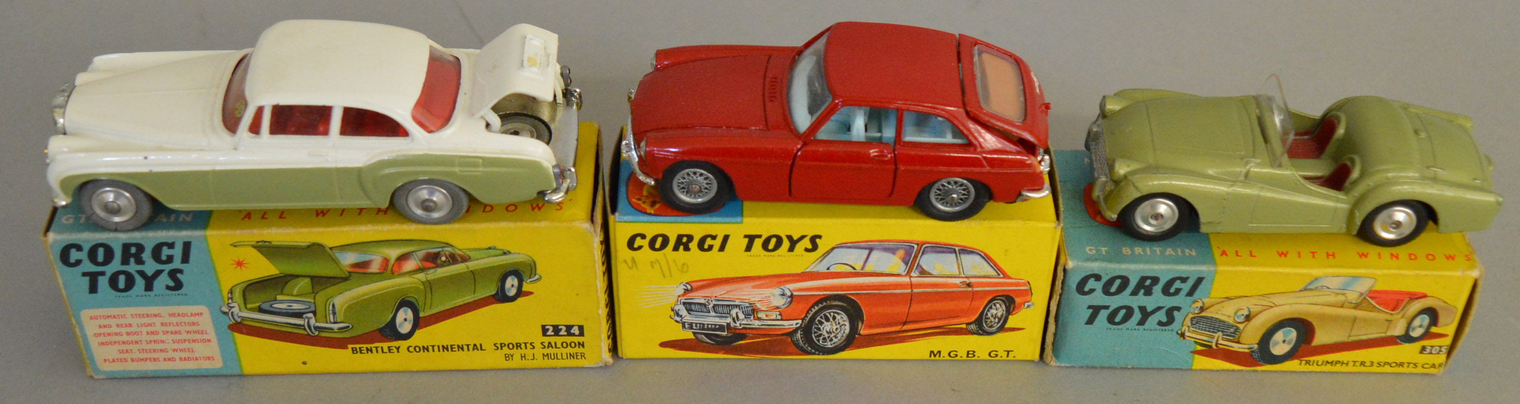 3 Corgi Toys, 224 Bentley Continental, 305 Triumph TR3 Sports Car and 327 MGB GT, all appear G/VG