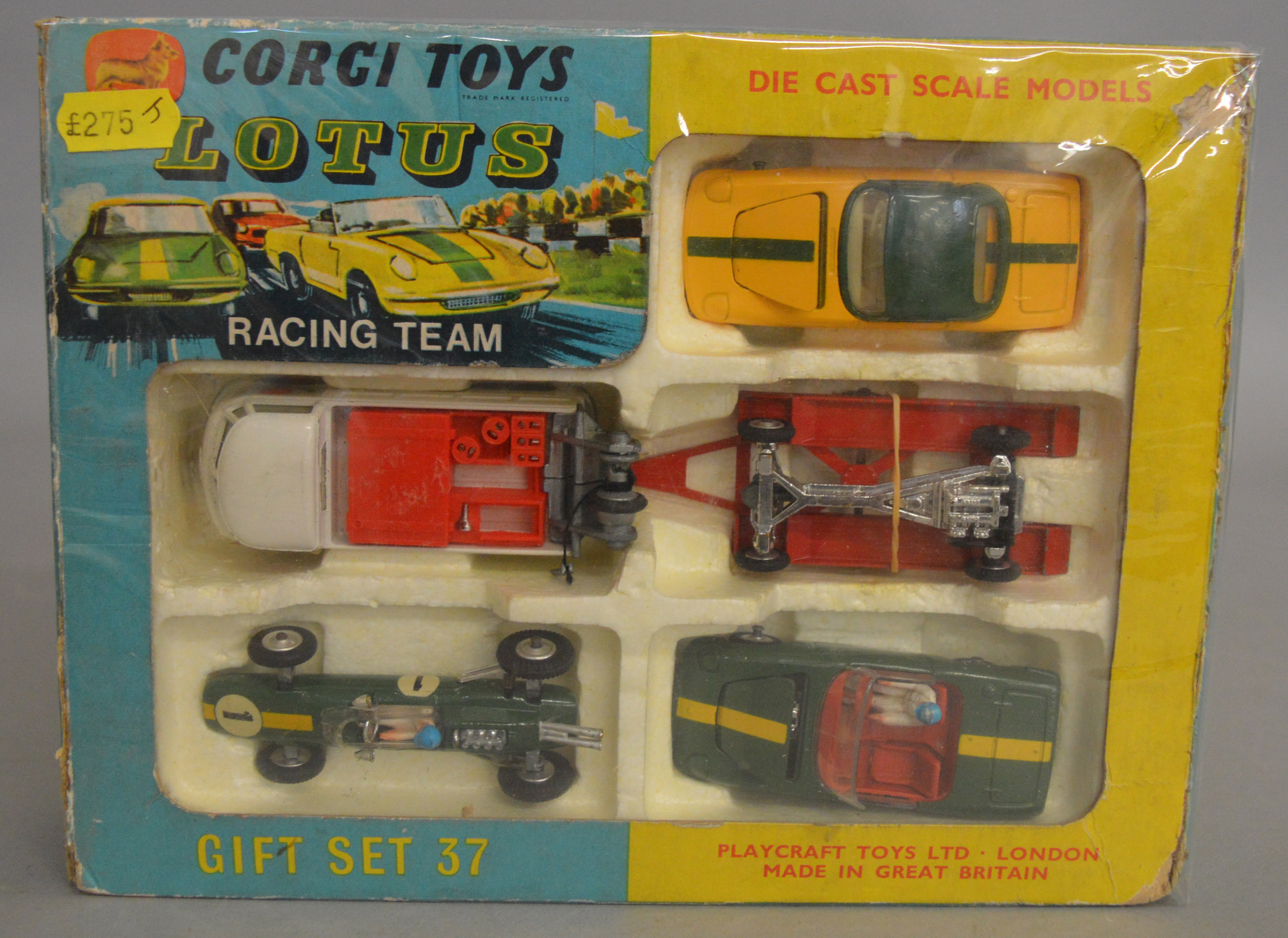 A boxed Corgi Toys Gift Set 37 Lotus Racing Team, models appear G+/VG housed in polystyrene tray