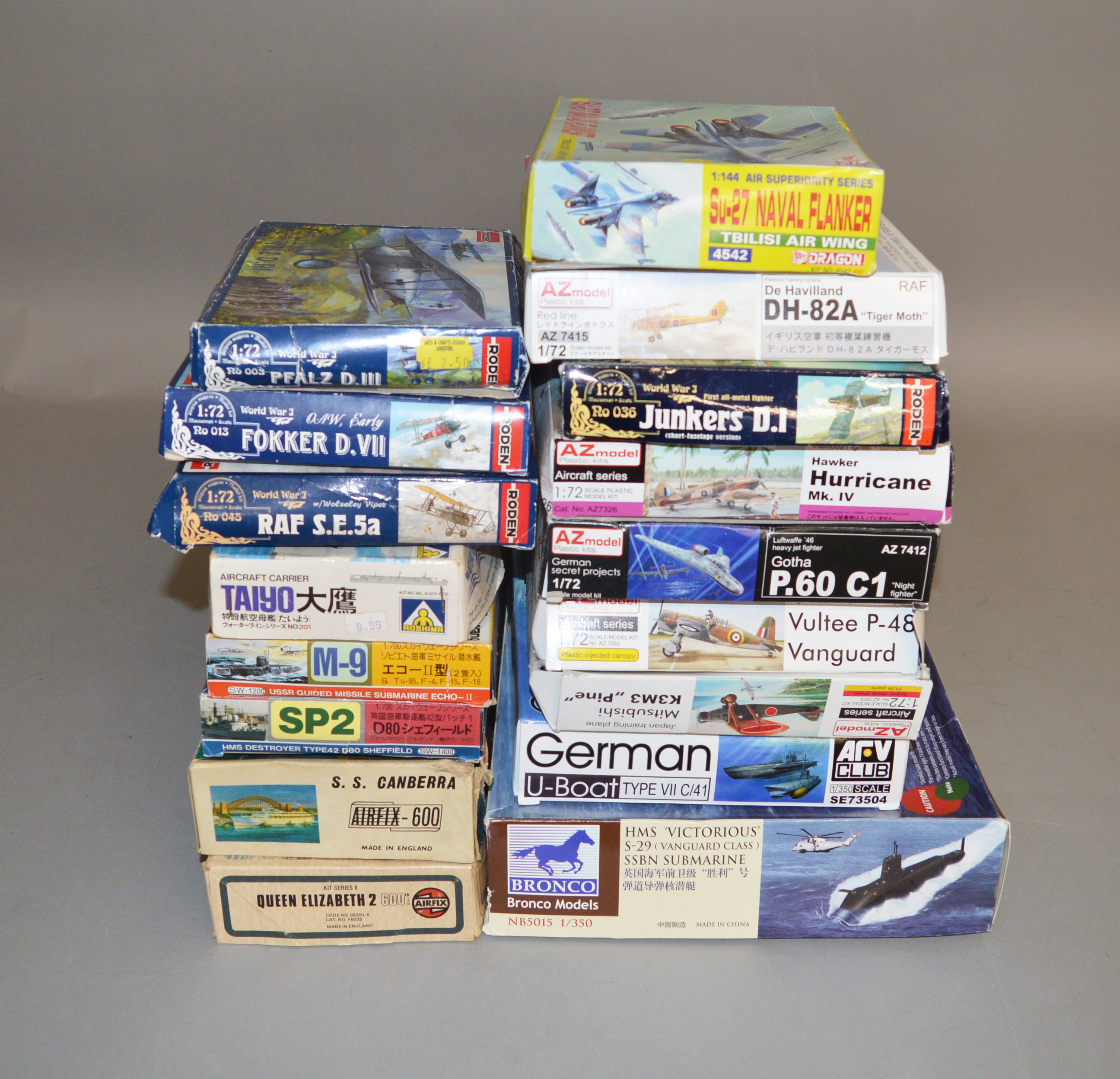 11 boxed and bagged plastic model Aircraft kits in 1:72 scale by Roden, AZ model and Dragon together