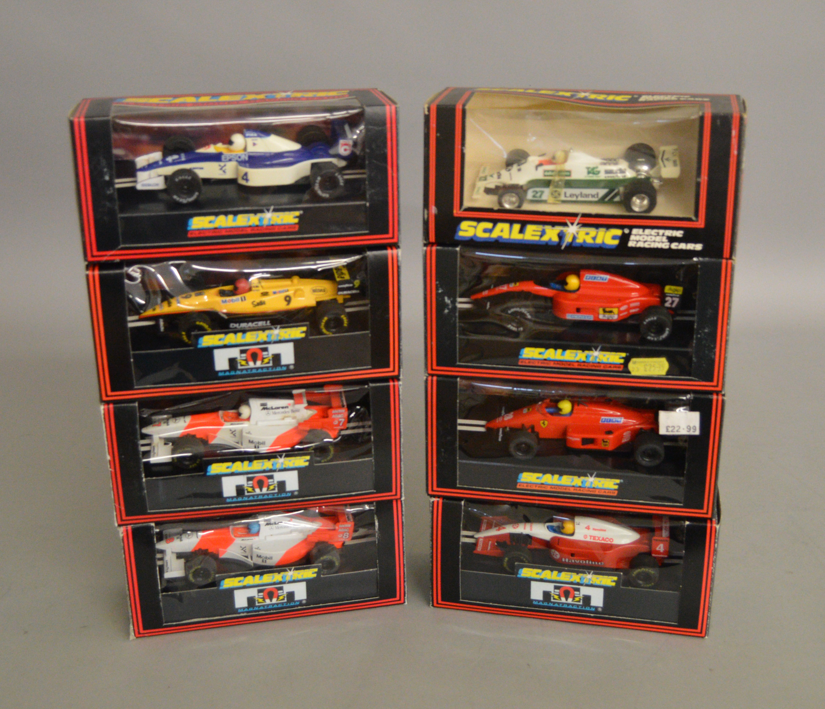 8 boxed slot car F1 models by Scalextric including; Ferrari 643 #C319, McLaren F1 #C.2004 etc. (8).