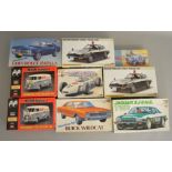 9 Car related Model Kits by Hasegawa in 1:24 and 1:72 scale including 2 x T2 Volkswagen Delivery