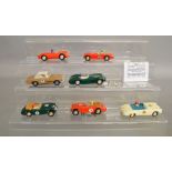 7 unboxed vintage Scalextric slot cars including Austin Healey 3000, Mercedes 250SL, Aston Martrin