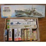 14 Aviation related Model Kits by Matchbox, also included in this lot is a Flower Class Corvette