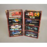 8 boxed Scalextric slot cars, which includes; #C.239 Motorbike and sidecar, C.399 Mini (Blue) etc (