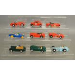 9 unboxed vintage Scalextric slot cars including A.C. Cobra, Mini Cooper, Lotus 1961 etc. Conditions