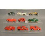 9 unboxed vintage Scalextric slot cars including Jaguar 'D' and 'E' types, Mini Cooper etc.