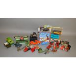 A mixed group of tinplate, plastic and pressed steel toys, some boxed including a Lehmann Rigi