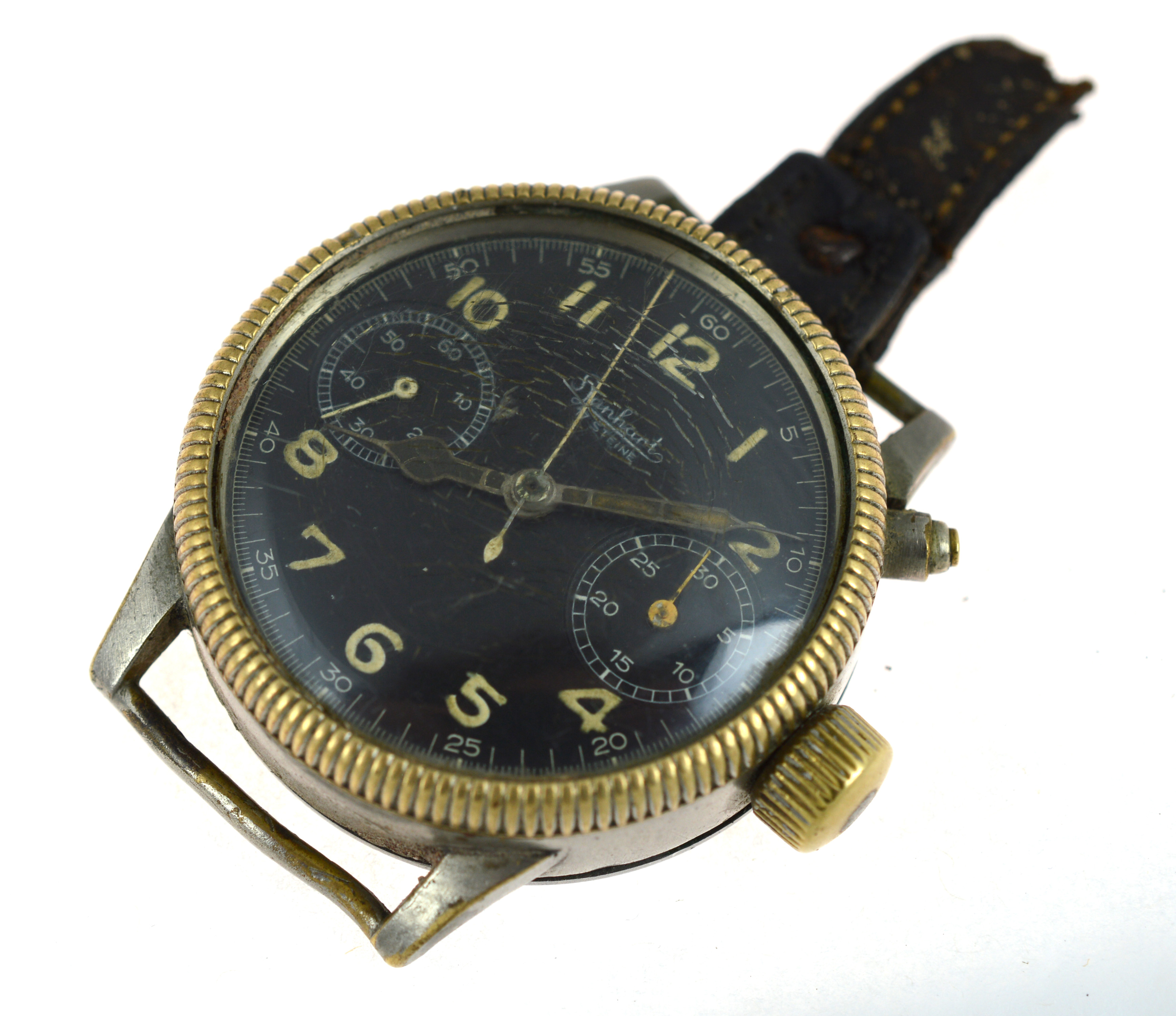 A rare gents German military Hanhart pilots wristwatch, with subsidiary dials for seconds & minutes,