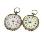 Two 900 silver key-wind fob watches both with clean enamel dials with no cracks etc, working