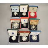 ROYAL MINT - Nine silver proof commemorative coins/medallions to include The Queens Silver Wedding