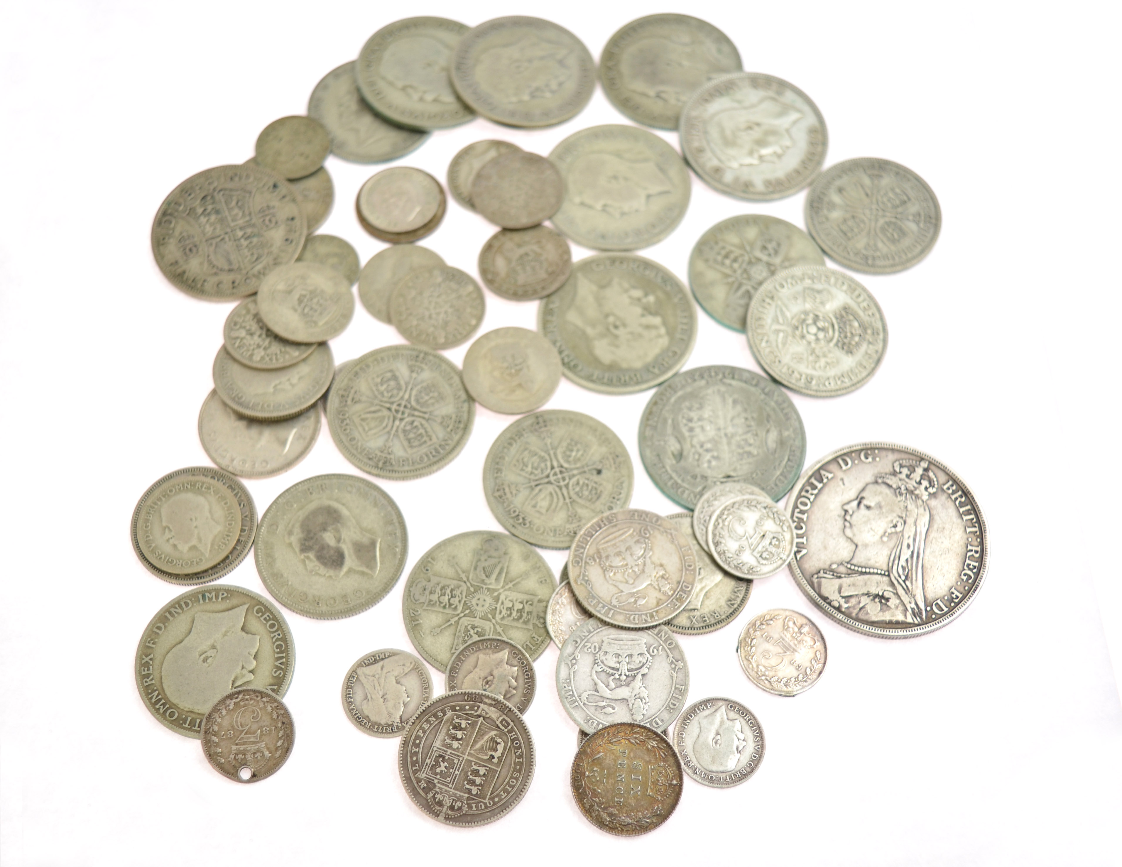 A bagged quantity of pre 47 silver coins approx gross weight 270gms, together with pre 20 silver
