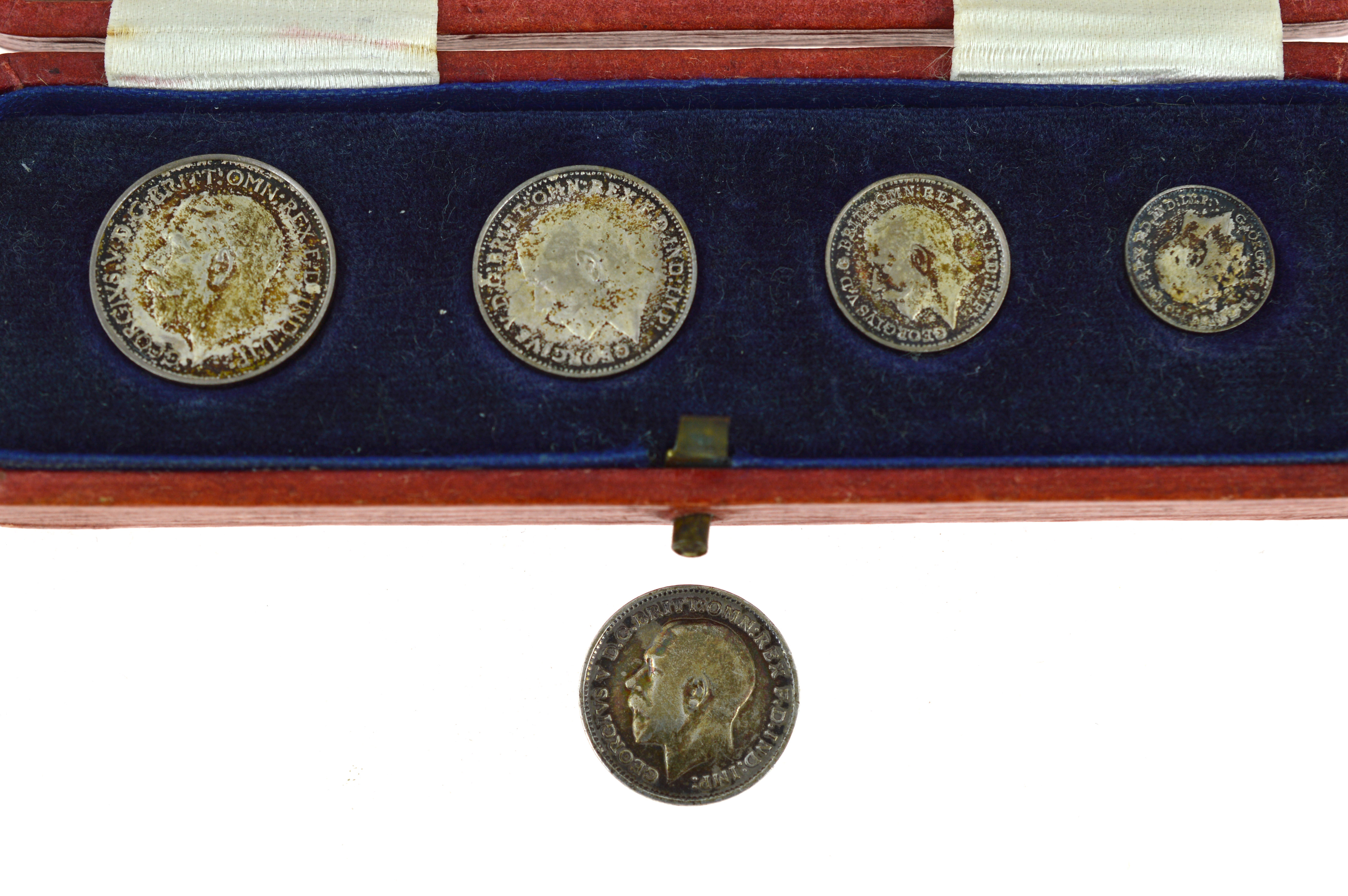 A 1923 Maundy complete silver coin set, in original fitted leather box together with a single 1912 - Image 2 of 3