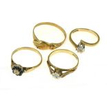 Four 9ct H/M diamond set rings, sizes N-W, approx gross weight 7.7gms