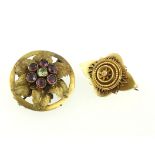 Two Victorian unmarked gold brooches, one stone set, together approx 9.3gms