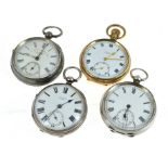 Three silver key-wind non-working pocket watches together with a gold plated Limit, white enamel