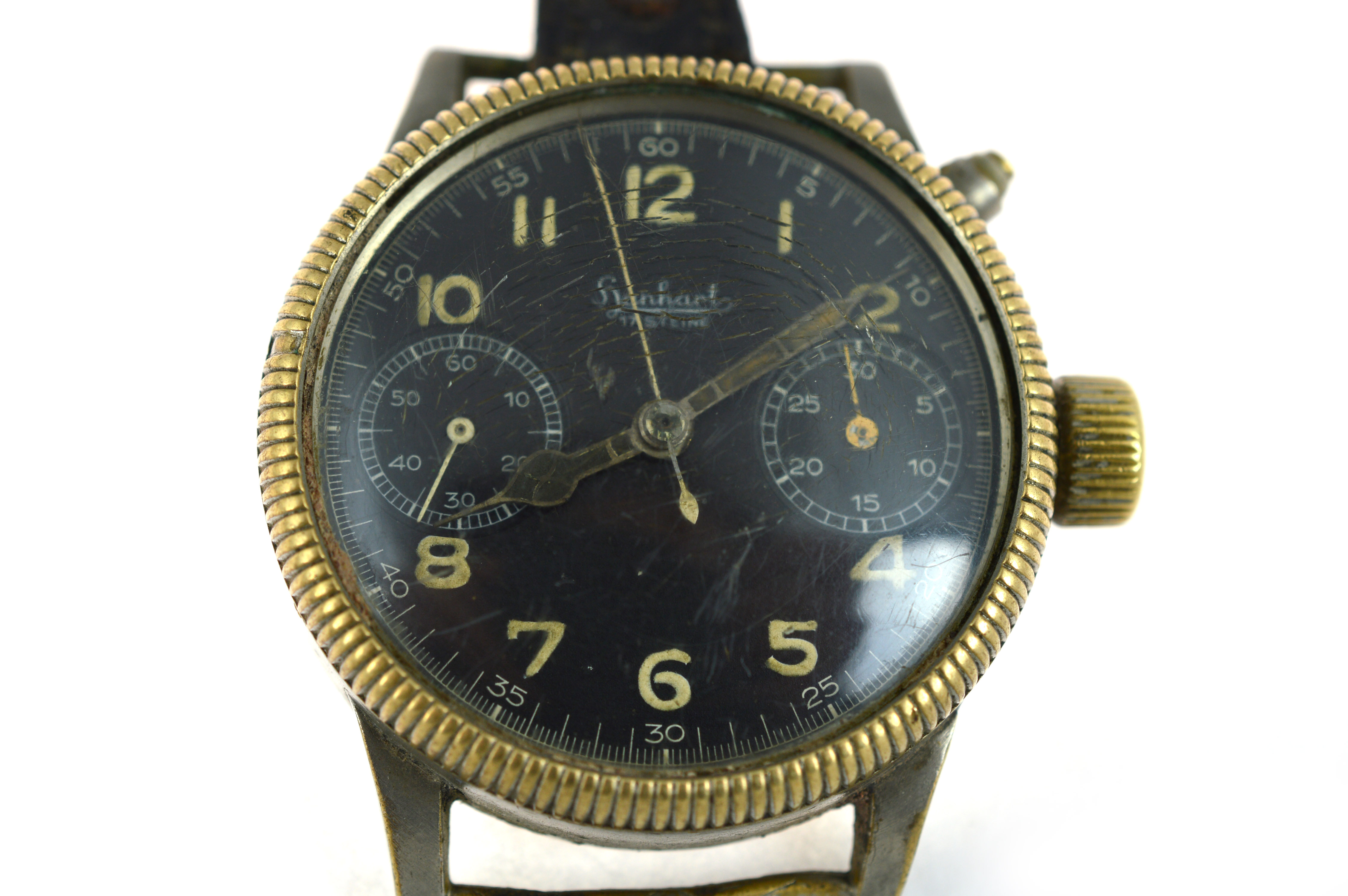 A rare gents German military Hanhart pilots wristwatch, with subsidiary dials for seconds & minutes, - Image 2 of 8