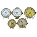 Five nickel cased mechanical watch heads, one non-working