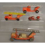 4 unboxed vintage tinplate Fire Engine models including one unbranded marked 'Made in U.S.Zone