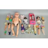 A box of dolls of various sizes which includes; Sexy Susan, i-Girl, Dress up doll from Hong Kong etc