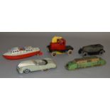 4 unboxed vintage  tinplate toys including a clockwork Sutcliffe boat 'Jupiter', a Joyax (France)