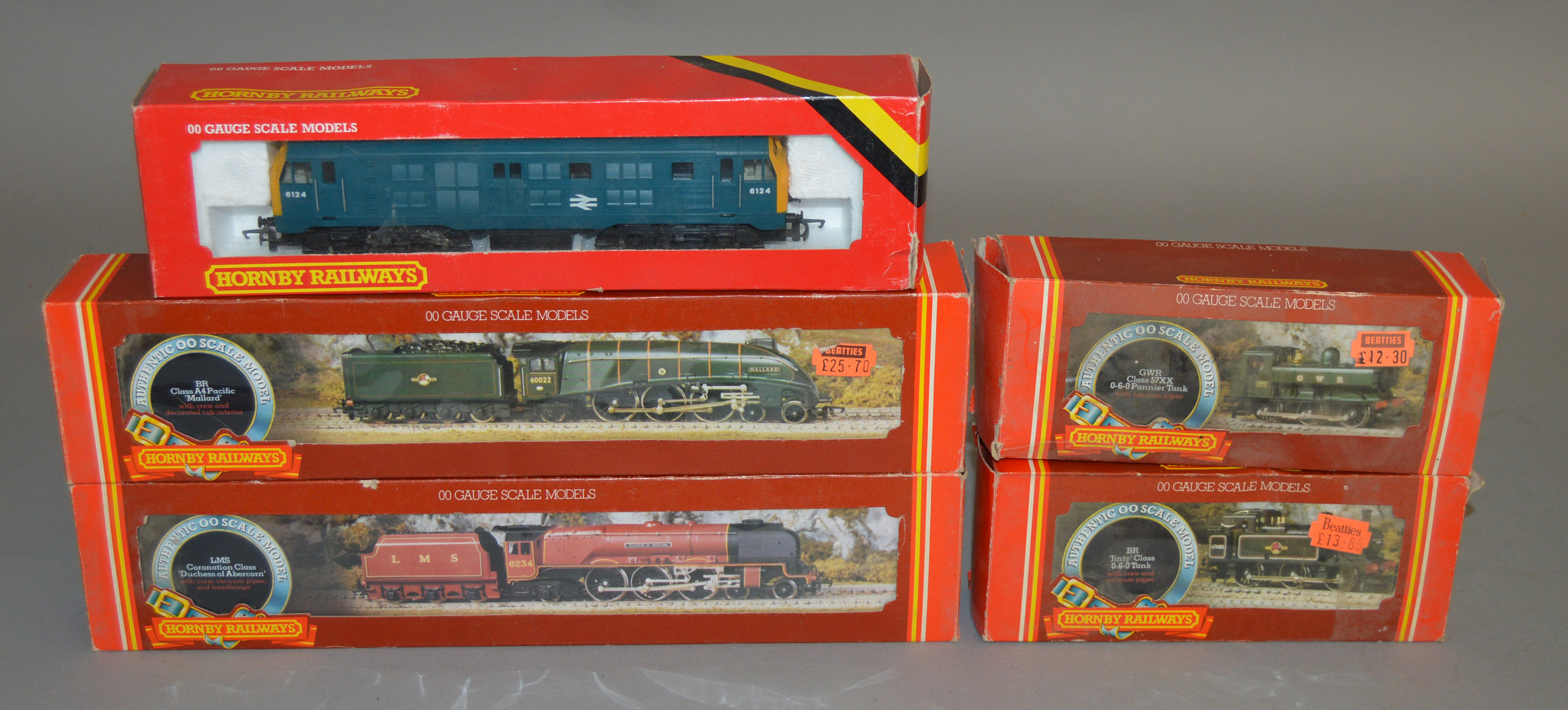 OO Gauge. 5 boxed Hornby Locomotives including R.300 GWR Class 57XX, R.302 BR Class 3F Jinty, R.