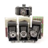 Four Ensign Ranger Folding Roll Film Cameras. Ranger, boxed (condition 6F); 2x Ranger II, boxed (