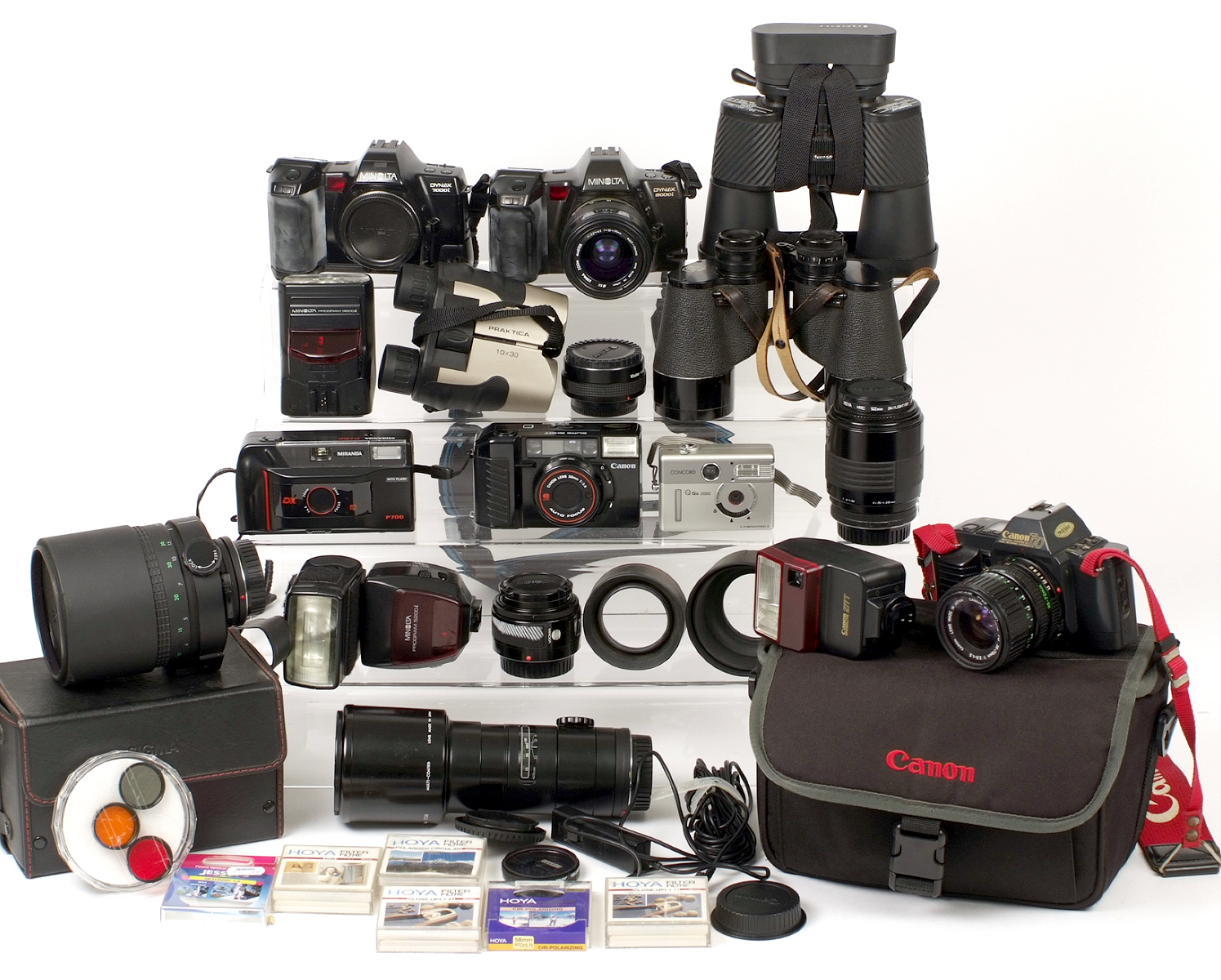 A Large Box of Minolta & Canon Cameras & Lenses. To include Canon T70, Minolta 7000i & 8000i AF