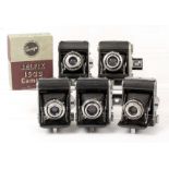 Five Ensign 16-20 Folding Roll Film Cameras, 1 Boxed. Versions I & II and with various shutter/