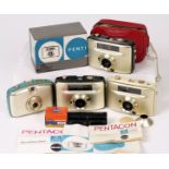 Group of Four Penti Half Frame Cameras with Gold Coloured Bodies. To include black, blue and cream